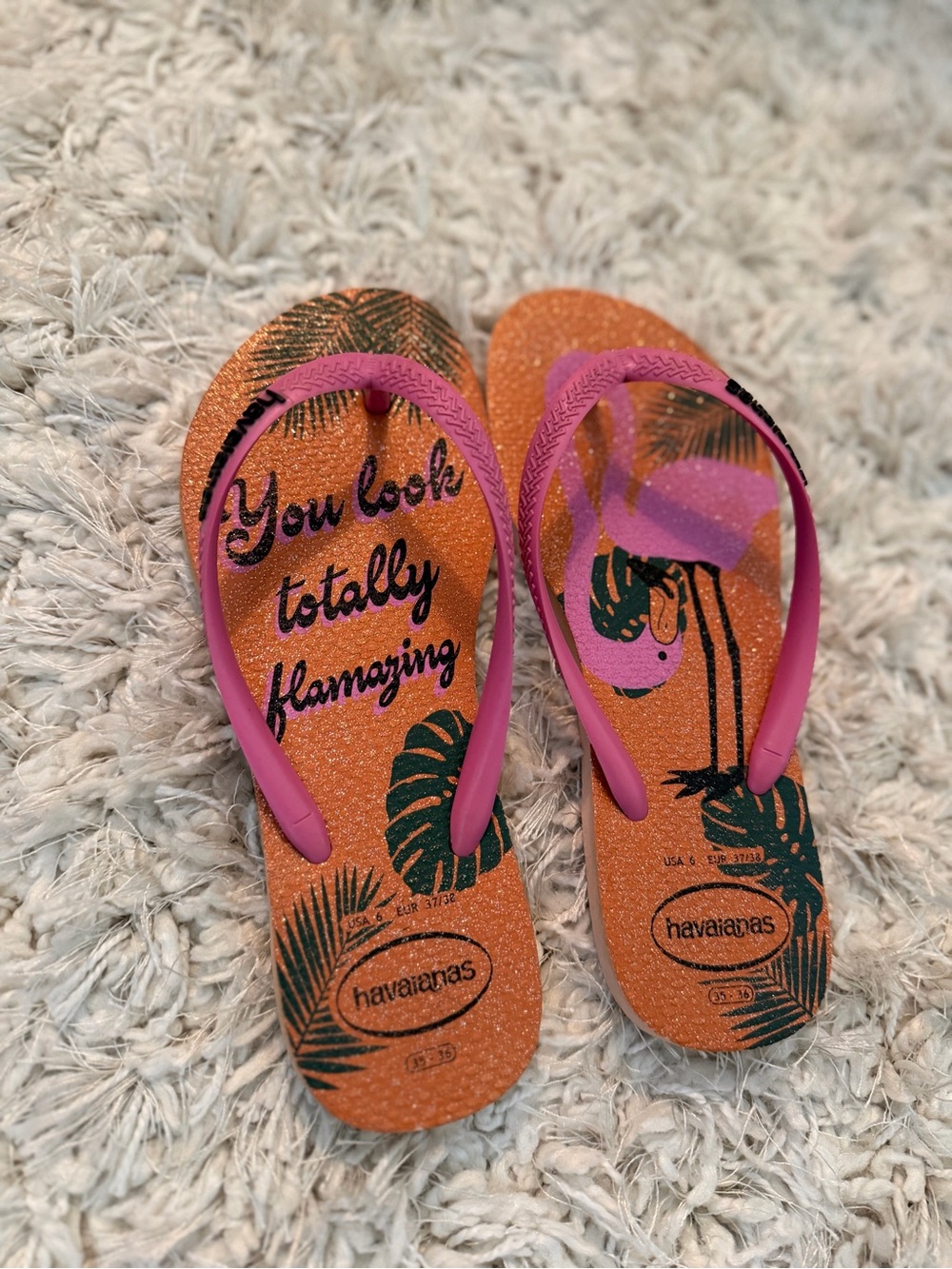 Havaianas Orange Glitter Flamingo Flip Flops with Pink Straps